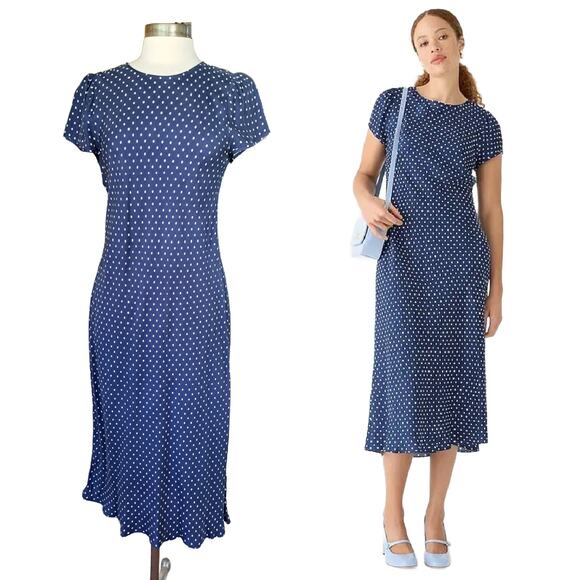 J CREW Gwyneth Blue Polka Dot Midi Slip Dress Size 8 Short Sleeve Cupro-blend - Picture 1 of 11